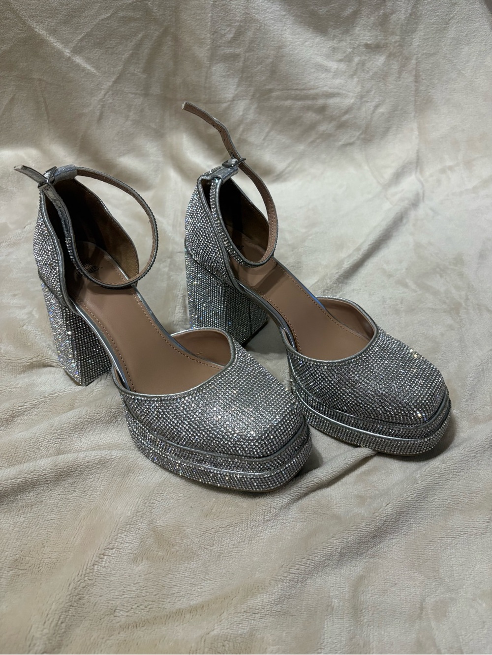wild fable Silver Crystal Platform Block Heel Sandals with Ankle Strap